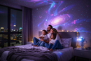 Família no quarto com projeção galáxia